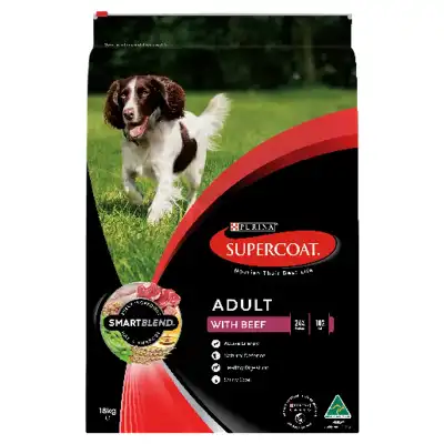 SUPERCOAT Adult Dog Food With Beef 18kg dry dog food available at Beaufort Animal Supplies