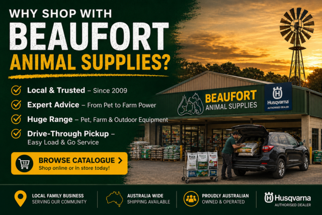 ALT TEXT: Beaufort Animal Supplies rural farm and pet supply store in Victoria Australia offering click and collect, Husqvarna outdoor power equipment, animal feed, poultry supplies and local drive-through pickup service.