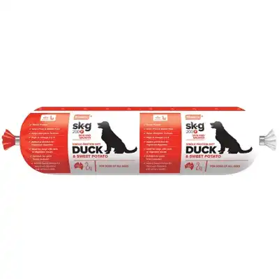 **Image alt text:** `PRIME100 Duck and Sweet Potato Dog Food Roll 2kg available at Beaufort Animal Supplies`